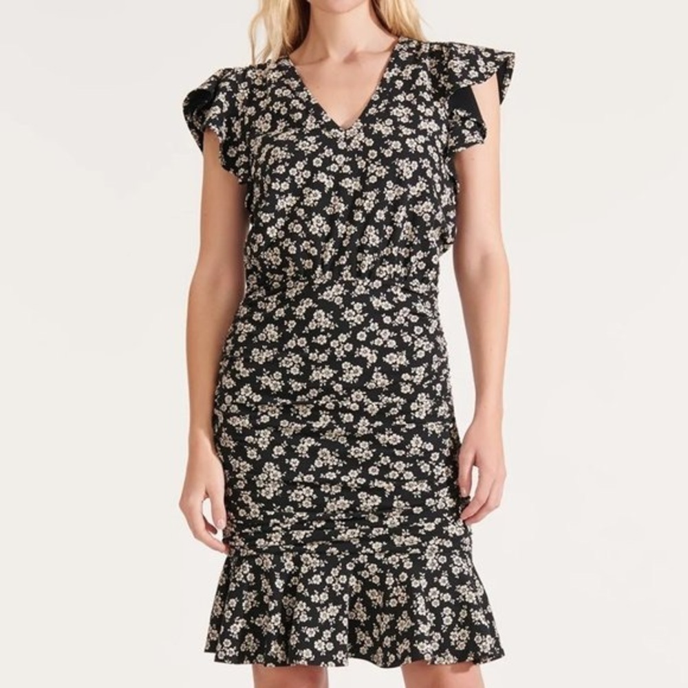 NWOT Veronica Beard Lissette Ruched Ruffle Flutter Sleeve Midi Dress. Size XS.